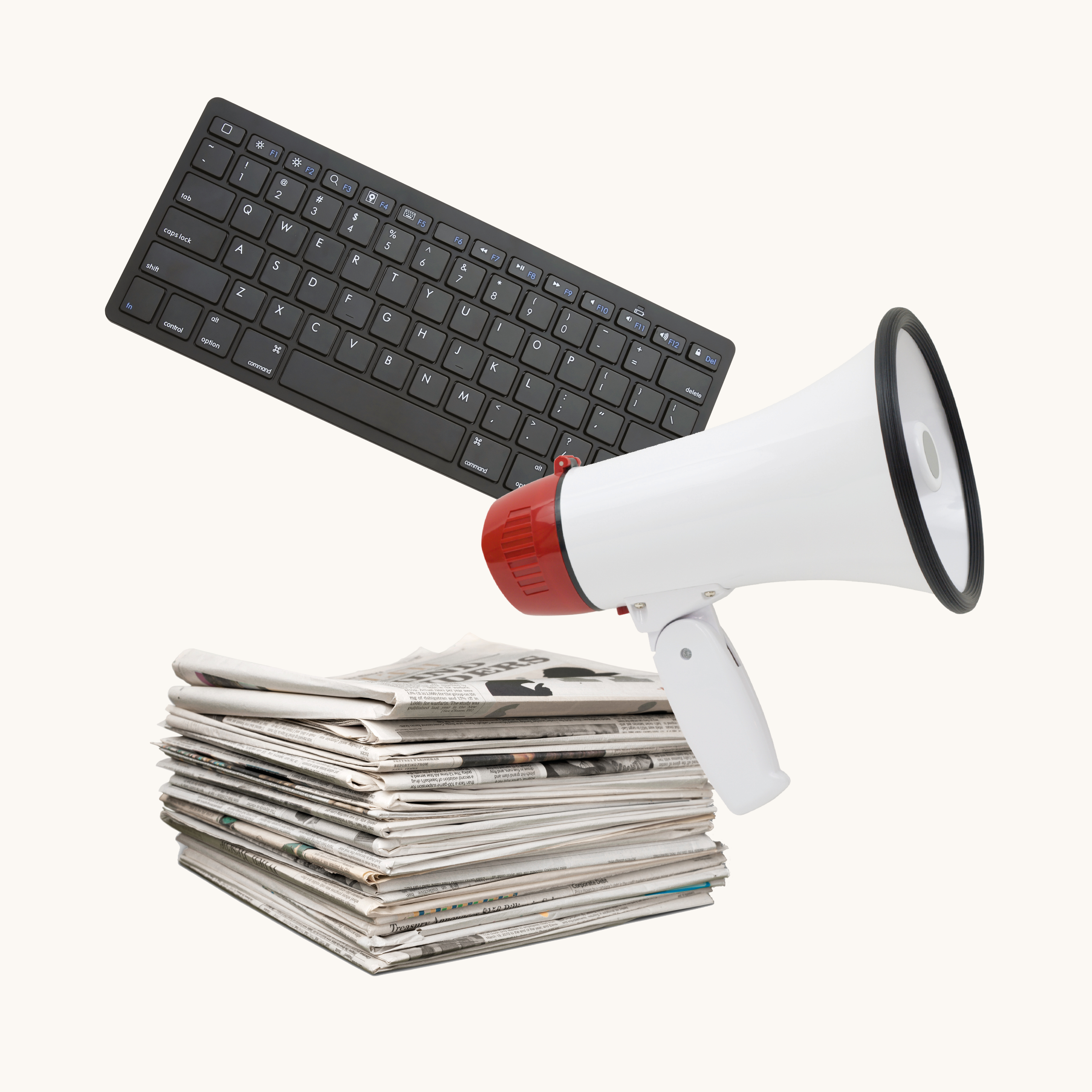 Collage of newspapers, keyboard and megaphone